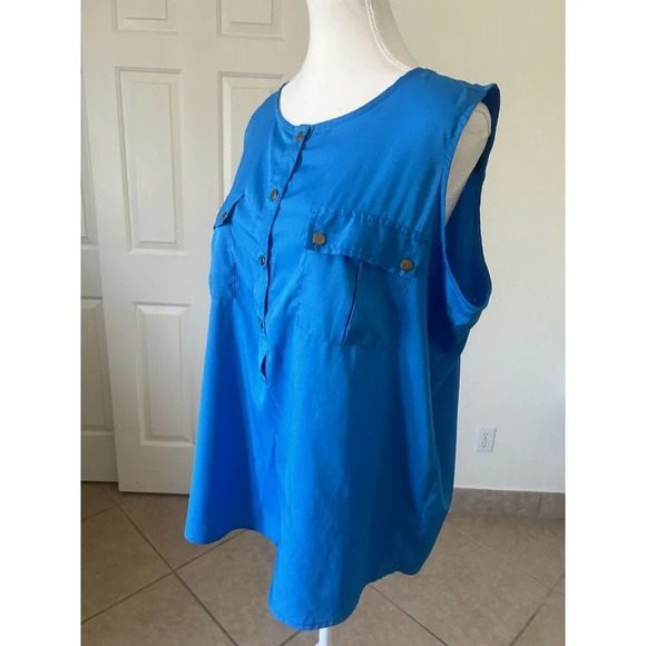 Jennifer and Grace Women's Sleeveless Button Blouse pockets  blue size 1X - Picture 6 of 12